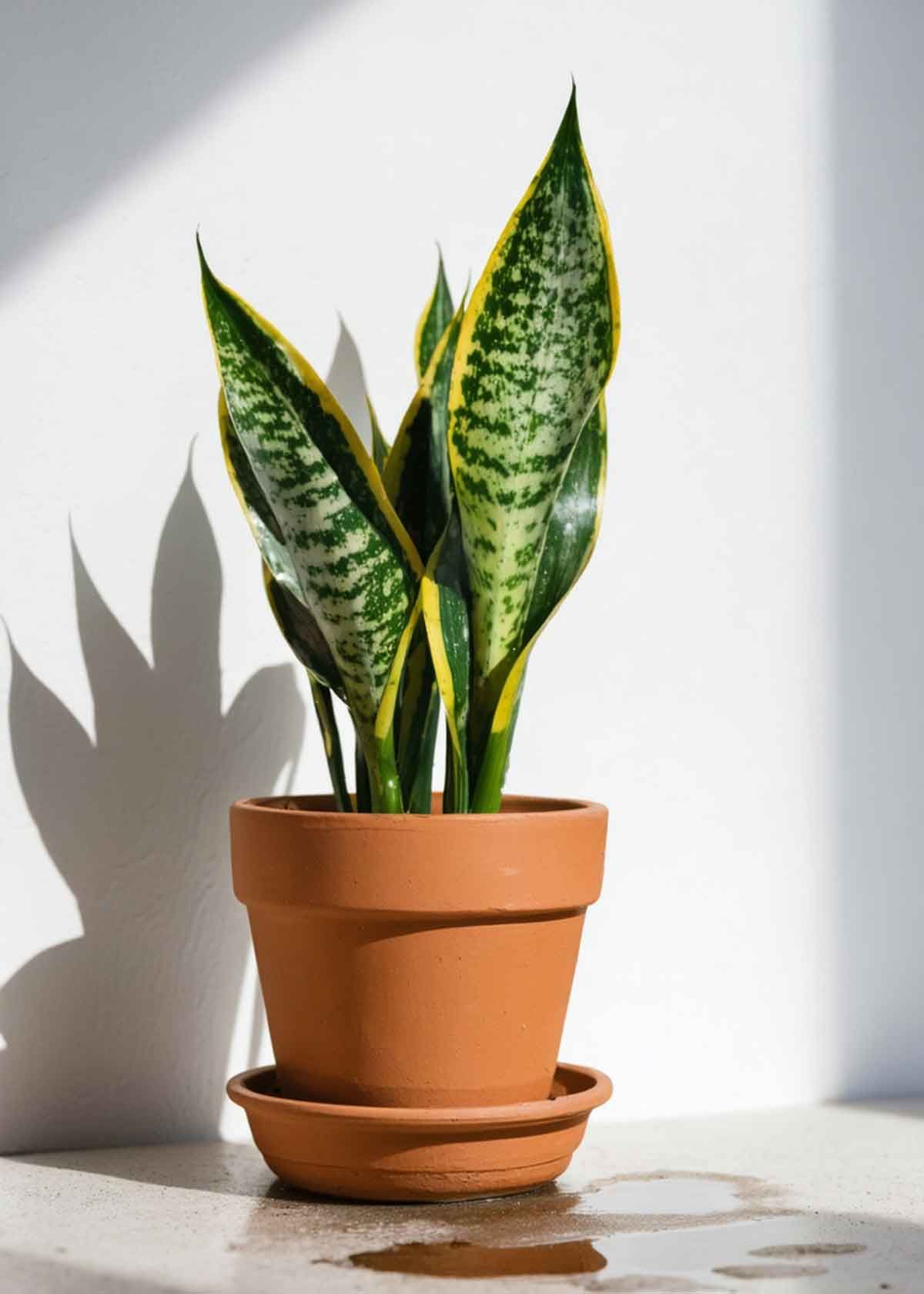 A potted snake plant is sitting on a table in front of a white wall.