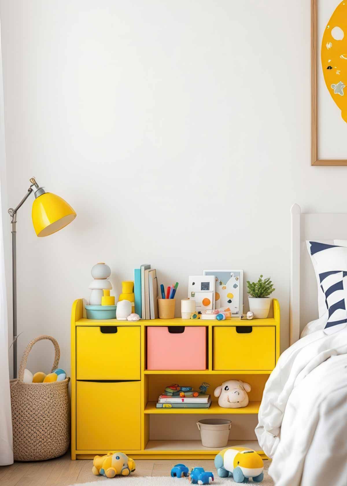A child 's bedroom with a yellow dresser and a yellow lamp.