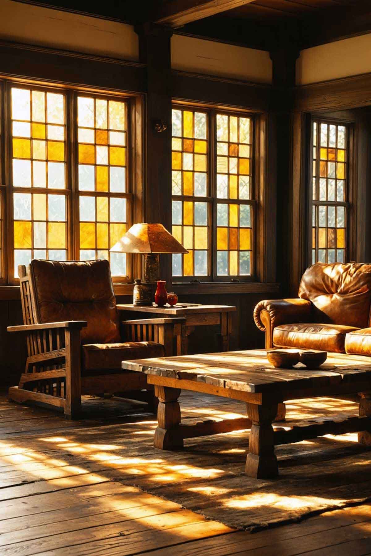 A living room filled with furniture and stained glass windows.