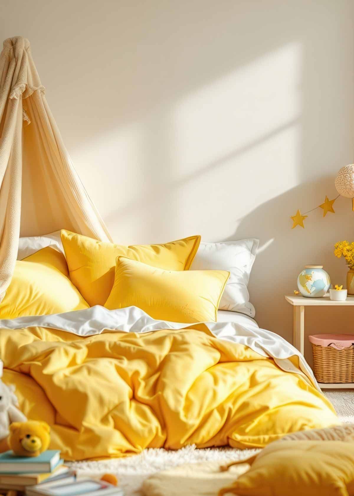 A bed with yellow sheets and pillows in a bedroom.
