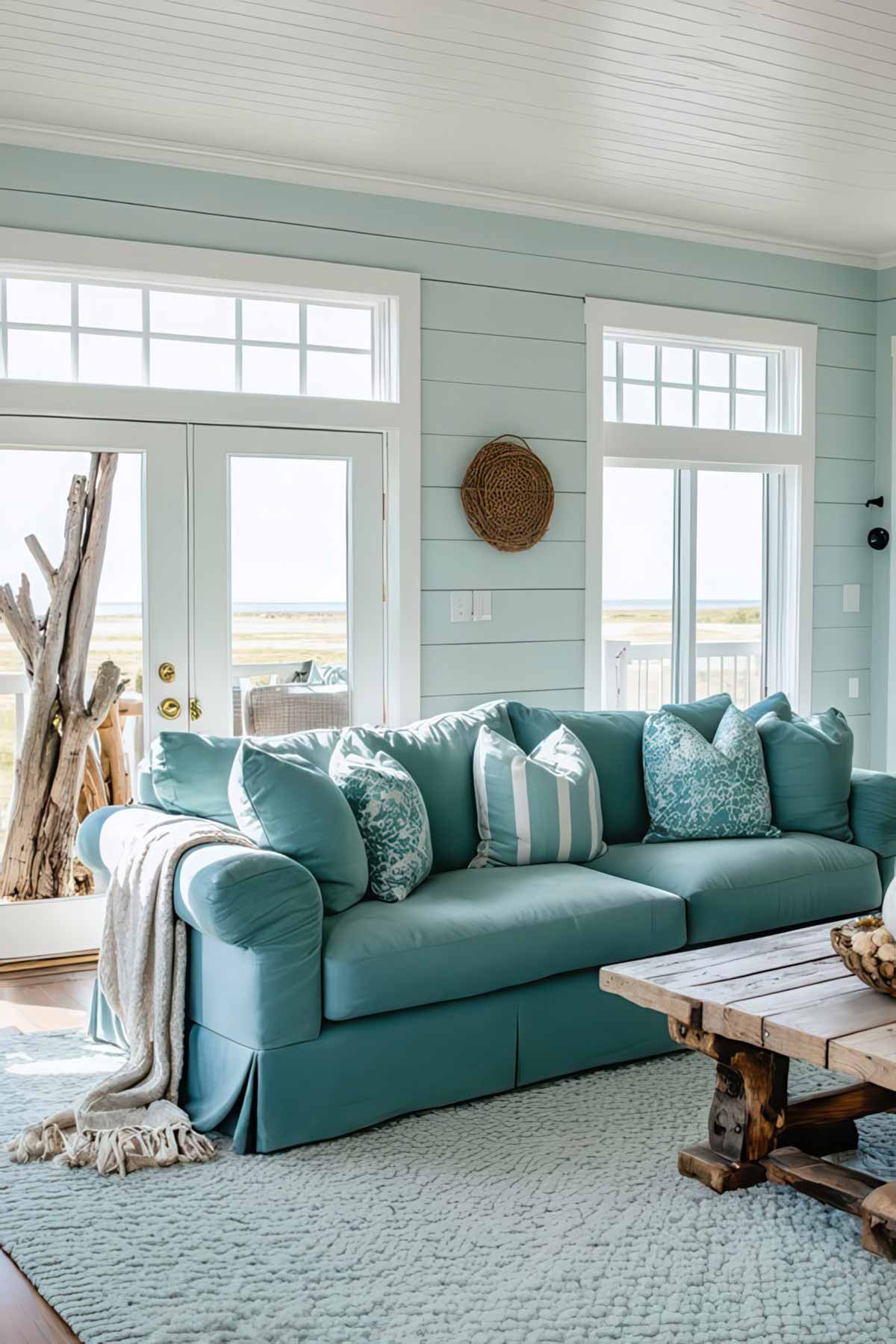 the_best_paint_colours_for_a_hamptons_inspired_home_0002 A Hamptons styled living room with soft blue tones and contrasting blue accents.