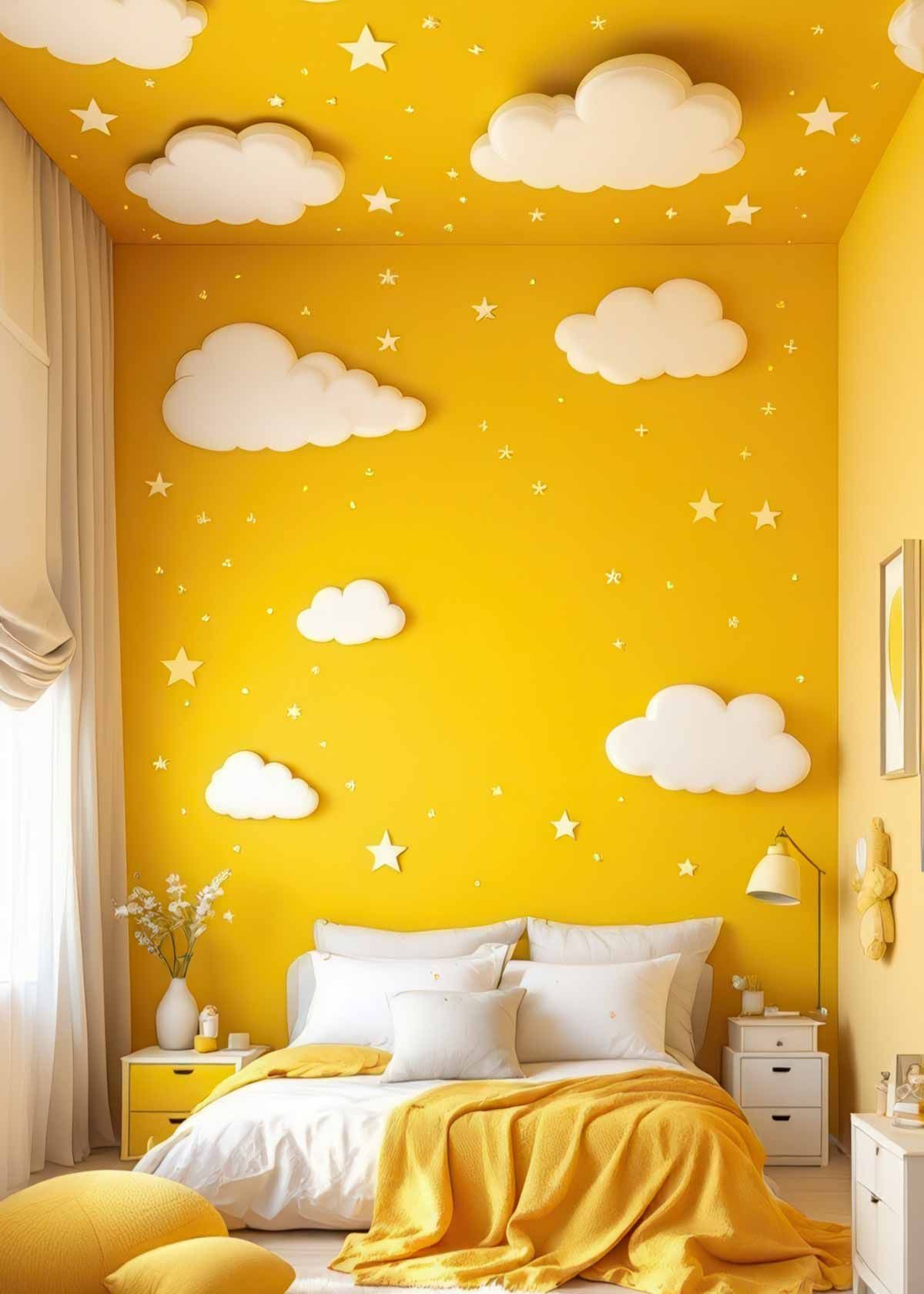 A bedroom with yellow walls and white clouds and stars on the ceiling.