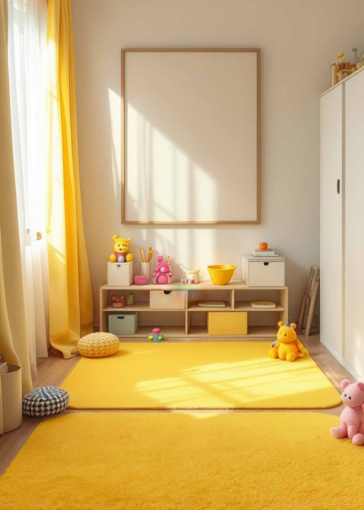 A child 's room with a yellow rug , toys , a shelf and a picture frame on the wall.