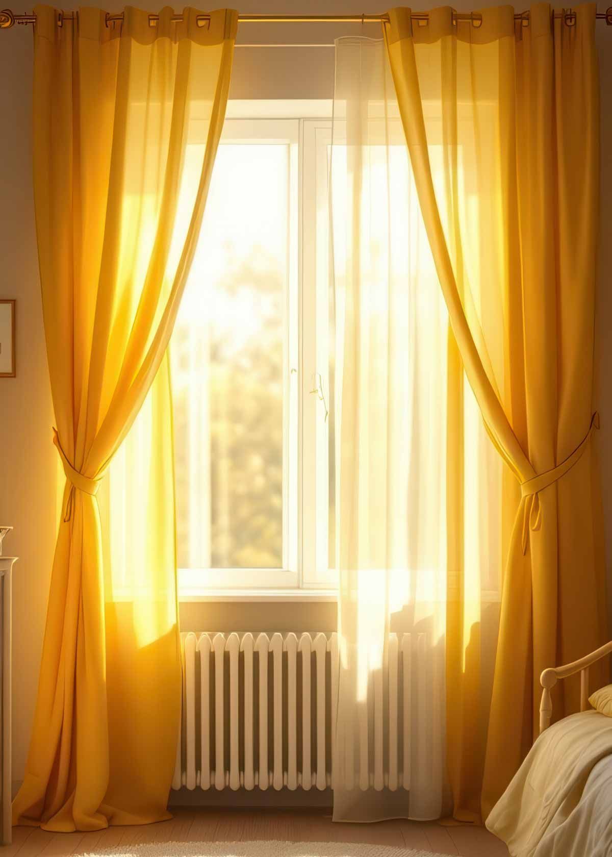 The sun is shining through the curtains of a bedroom window.