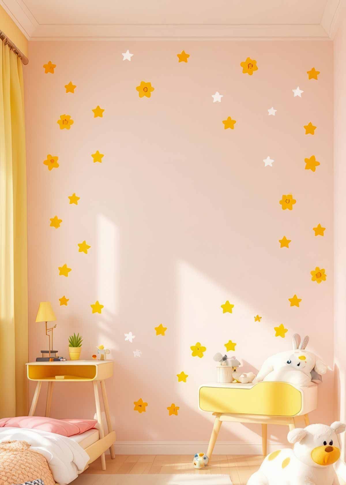 A child 's bedroom with a pink wall and yellow stars on it.