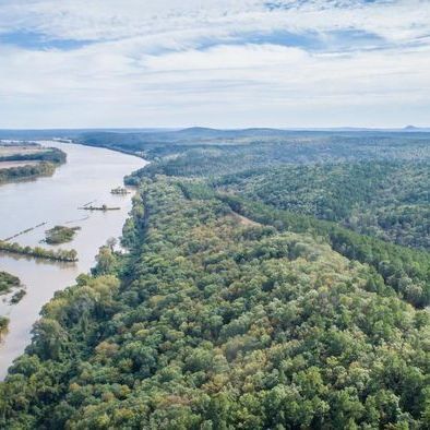 An aerial view of a river surrounded by trees and mountains.