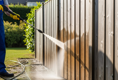 Person pressure-washing a wooden fence in a sunny yard