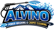 ALVINO logo with pressure washer wand, blue water splashes, and “Power Washing & Carpet Cleaning” text