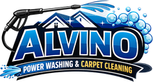 ALVINO logo with pressure washer wand, blue water splashes, and &ldquo;Power Washing & Carpet Cleaning&rdquo; text