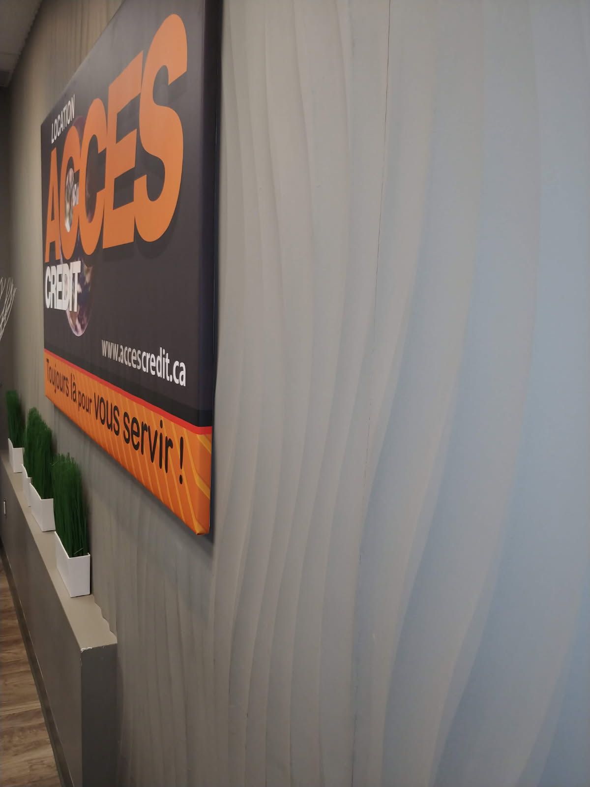 Panneau « ACCES CREDIT » sur un mur gris avec de petites plantes sur une étagère.