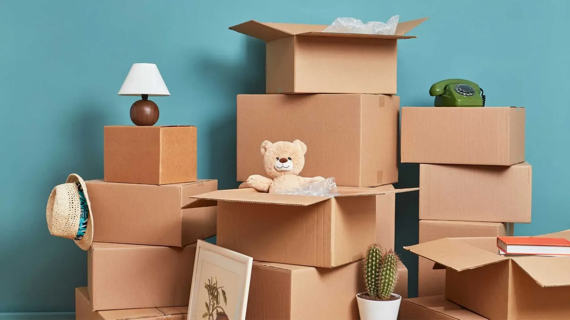 A pile of cardboard boxes with a teddy bear in one of them.
