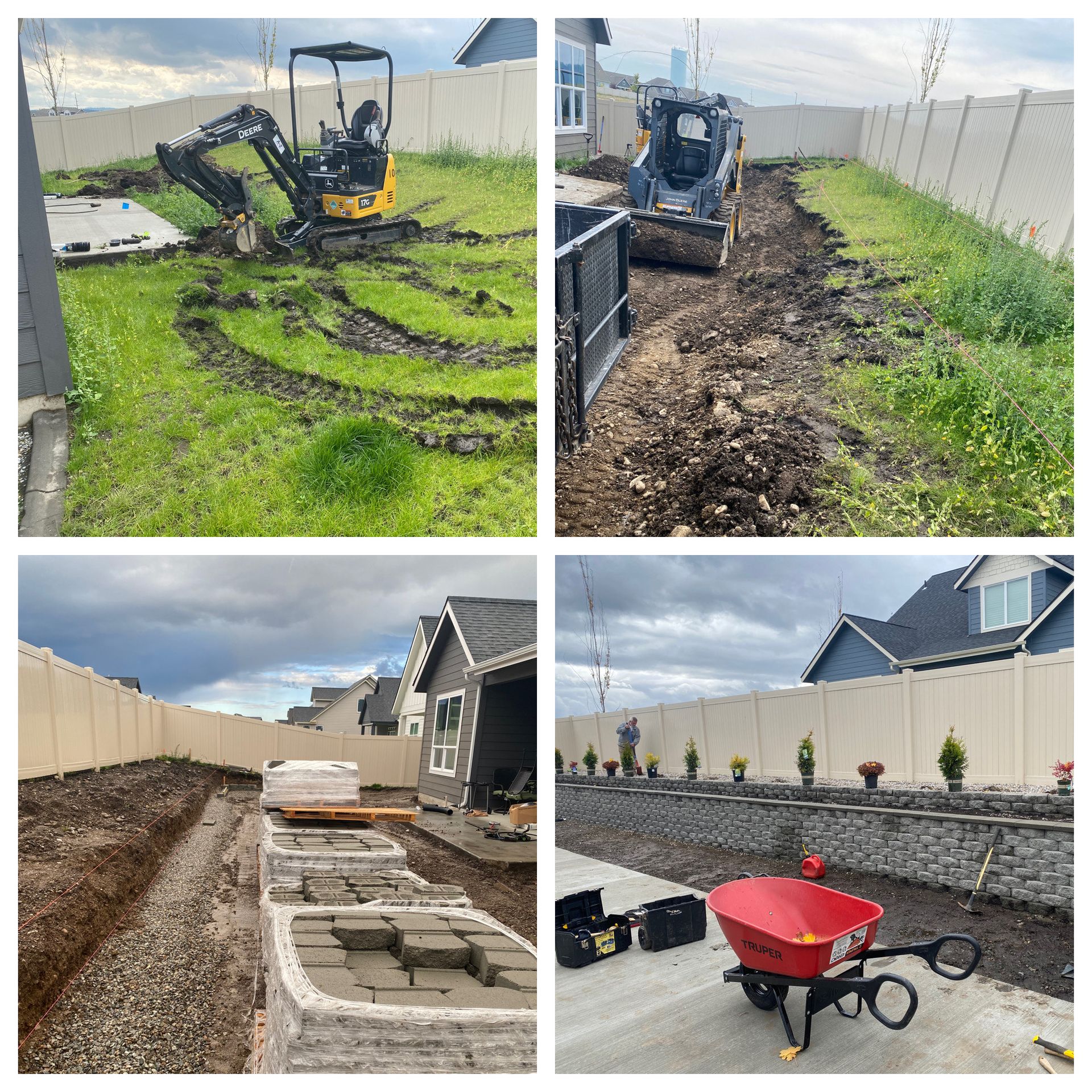 backyard landscape installation with retaining wall