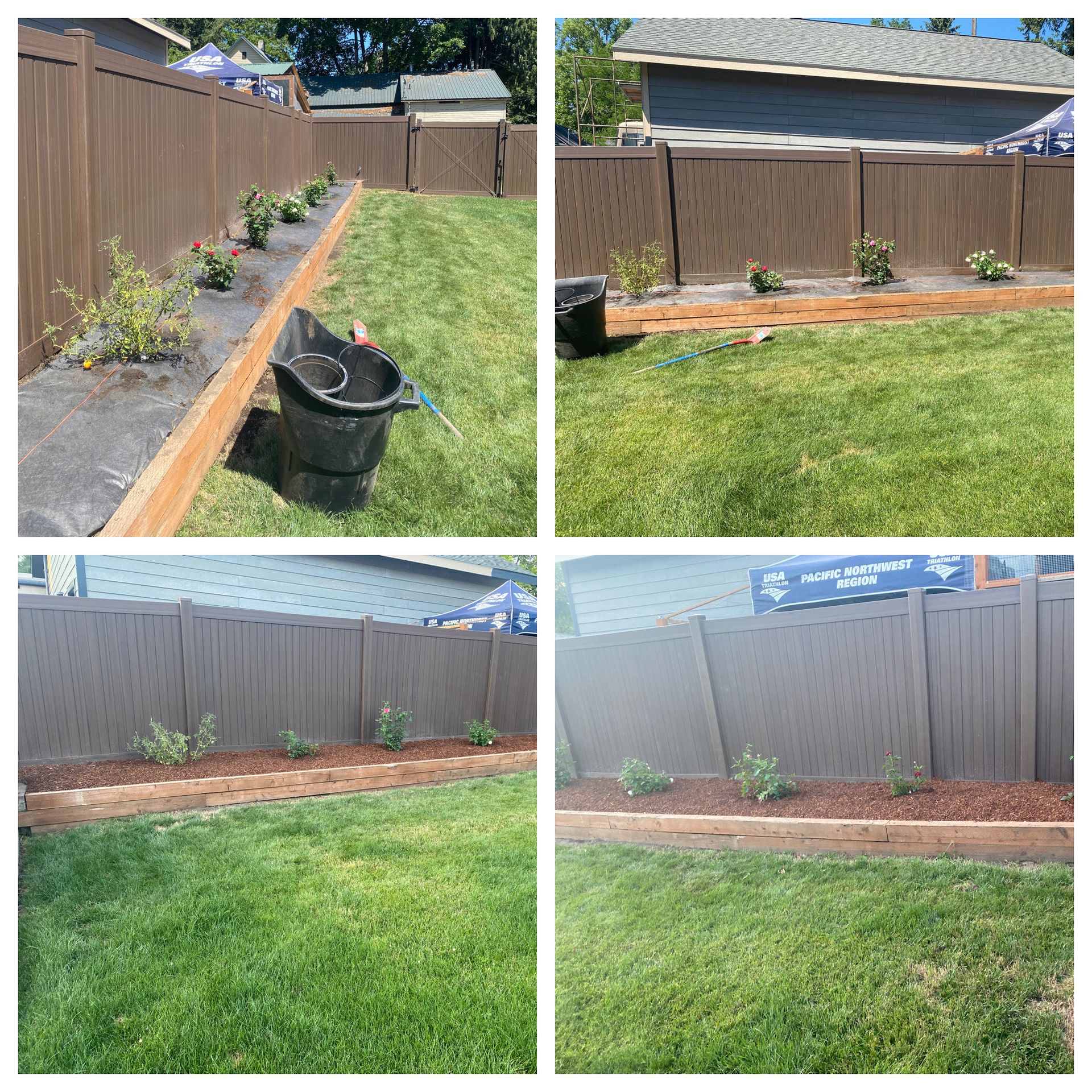 backyard planter box installation with new bushes
