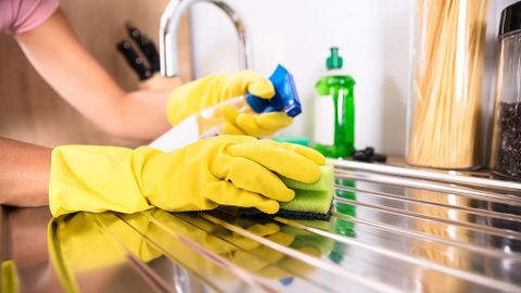 Housekeepers — Person's Hand Cleaning Stainless Steel Sink in Wilmington, NC