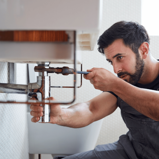 Plumber repairs sink pipes with a wrench, wearing overalls. Focus on his work.