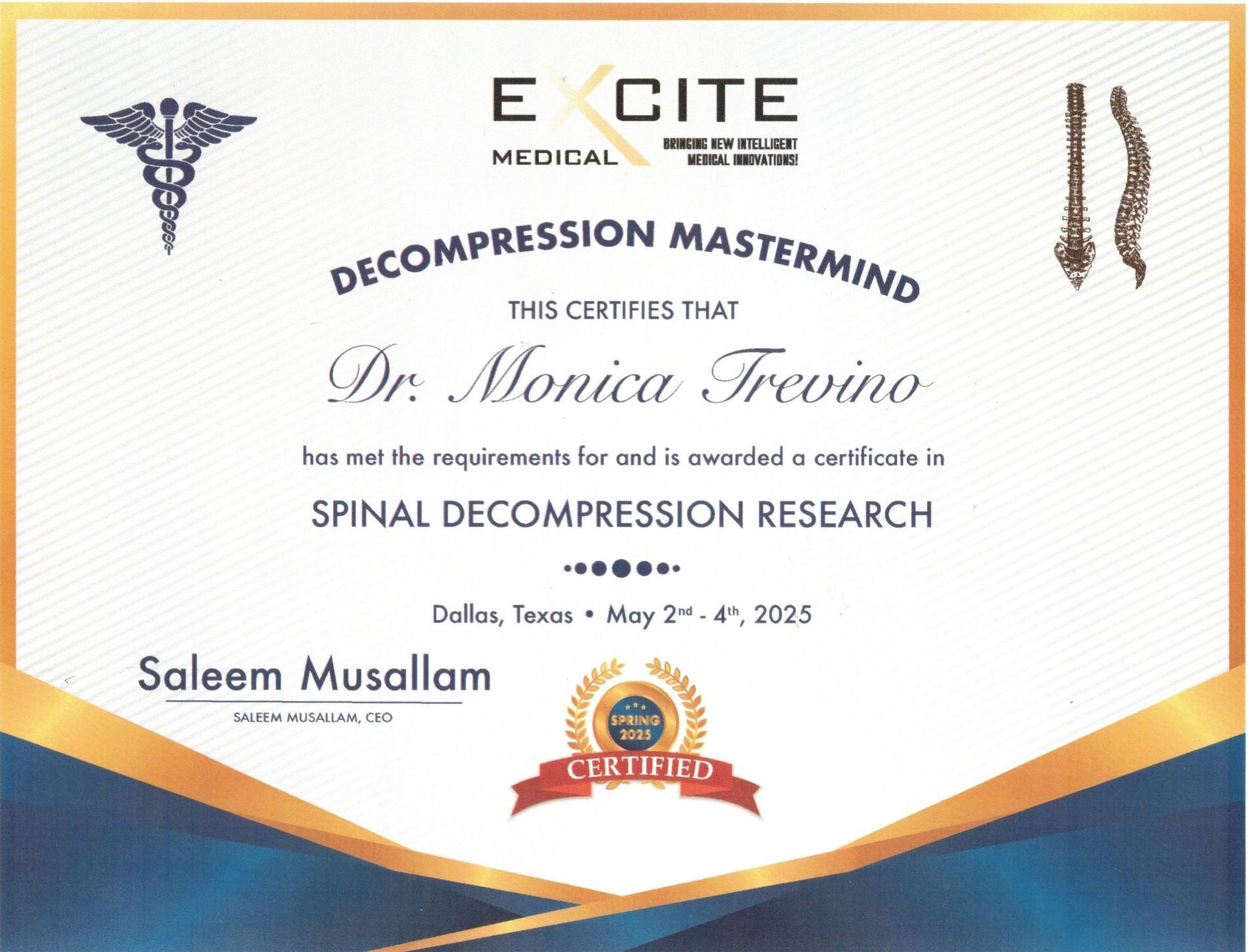 A certificate of decompression mastermind for spinal decompression research