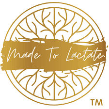Gold circular logo with stylized tree and banner reading “Made To Lactate” with TM symbol