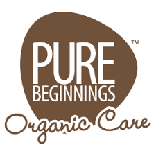 Pure Beginnings Organic Care logo in brown and white text with a leaf-shaped background