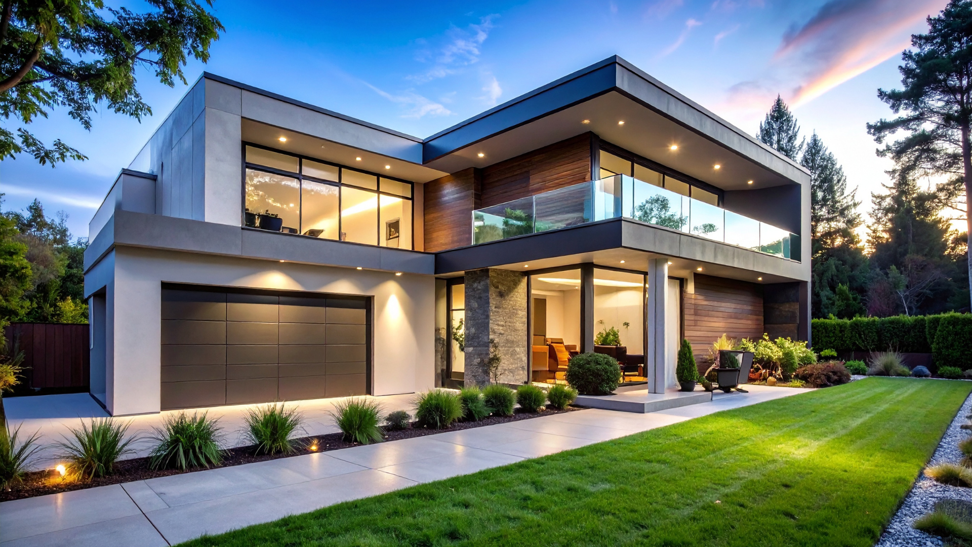 A modern two-story home at dusk with warm interior lighting, a large garage, and a manicured lawn under a blue sky.
