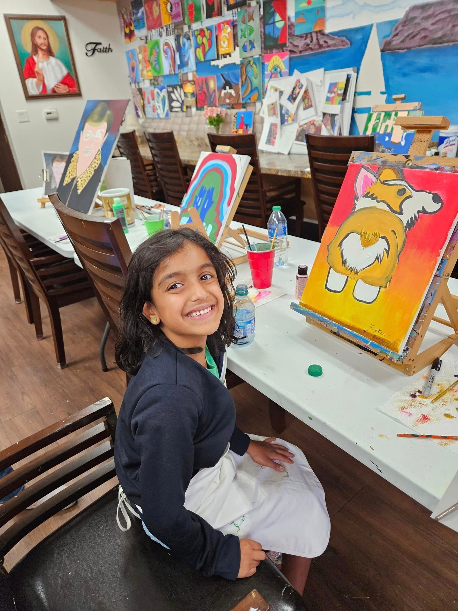 girl and a dog's back painting