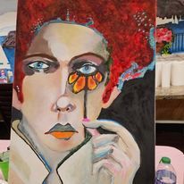 A painting of a woman with a flower in her eye.