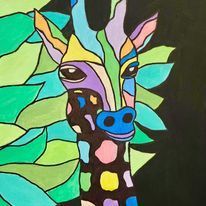 A colorful painting of a giraffe surrounded by leaves on a black background.