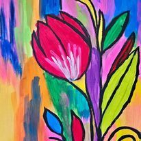 A colorful painting of a flower with leaves on a colorful background.