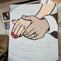 A painting of a bride and groom holding hands with wedding rings on their fingers.