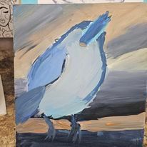 A painting of a blue and white bird with a stick in its beak.