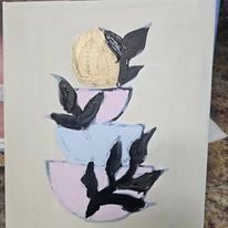 A painting of three cups of tea with flowers and leaves on a table.