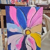 A painting of a pink and yellow flower on a blue background.