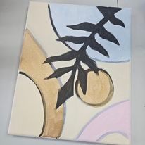 A close up of a painting of a leaf on a canvas.