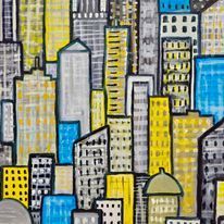 It is a painting of a city skyline with lots of buildings.