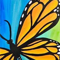 A close up of a painting of a butterfly on a blue and green background.