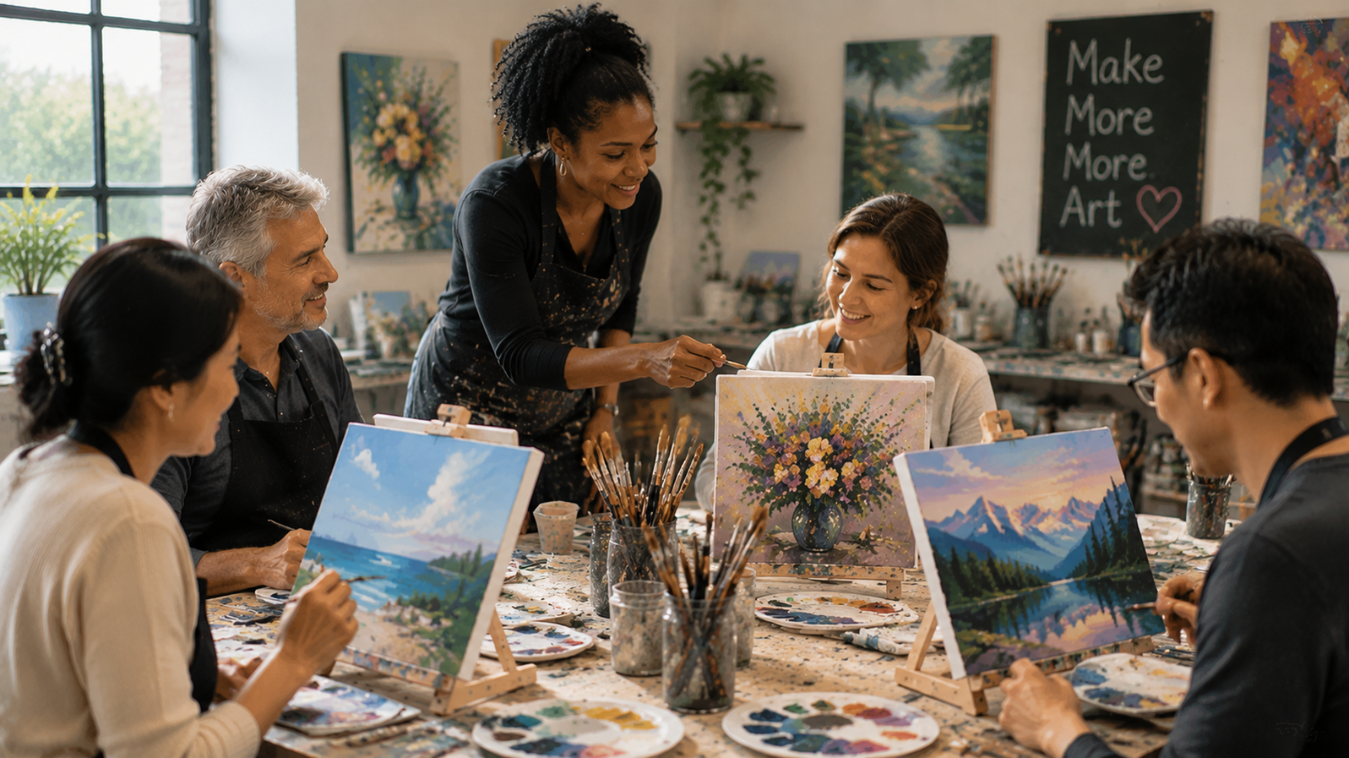 group painting class with instructor in Arlington Heights
