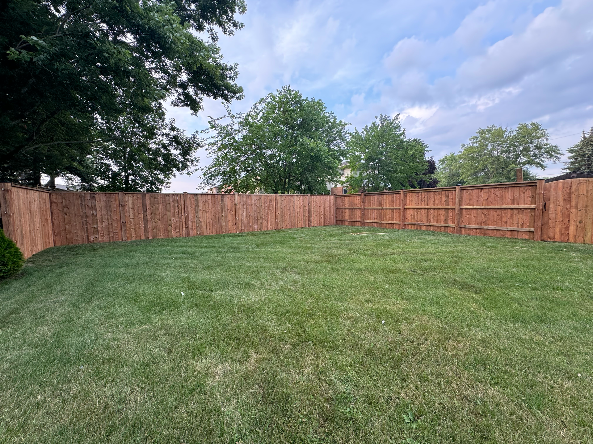 A backyard with a wooden fence and a lush green lawn.