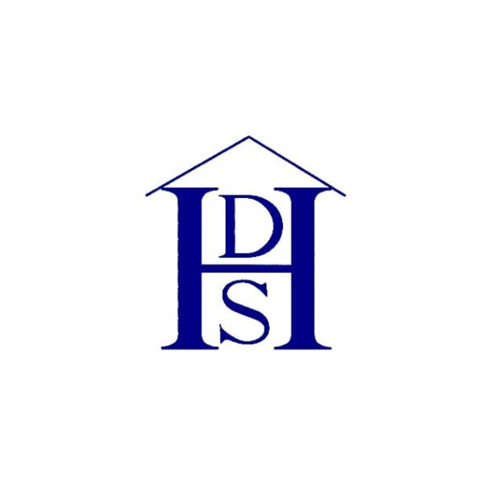 Blue “DHS” monogram logo with a roof line above the letters on a white background