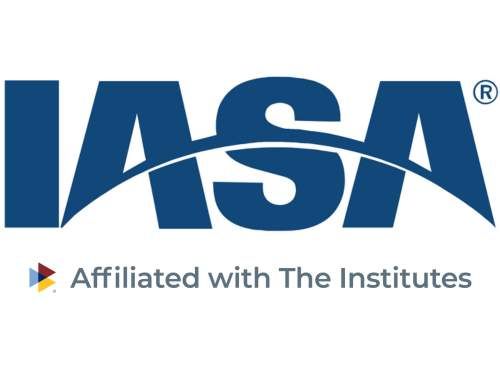 Logo for IASA, affiliated with The Institutes. Blue text, curved line.