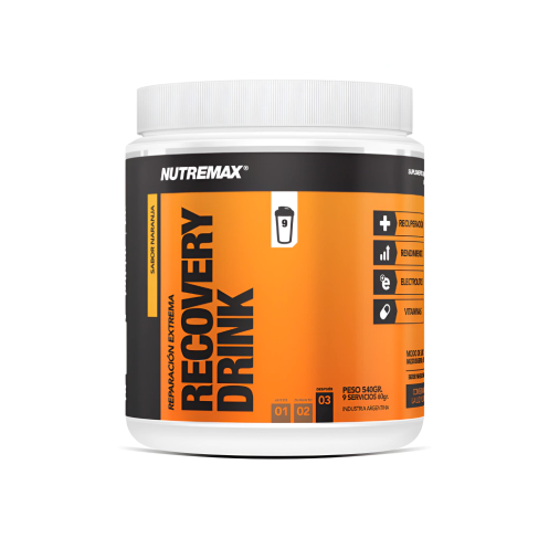 Envase blanco de Nutremax Recovery Drink con etiqueta naranja y negra.