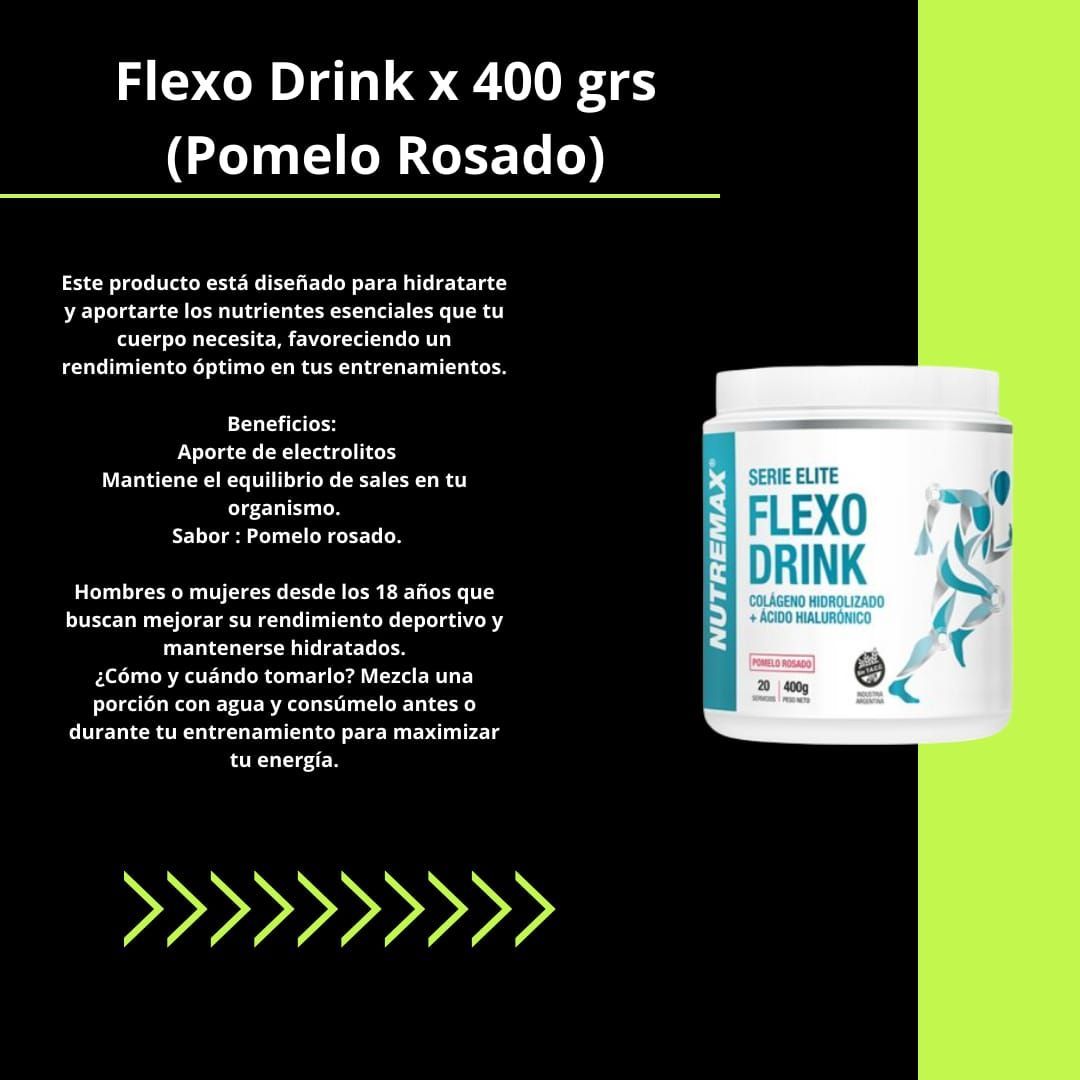 Tarrina blanca de Flexo Drink (Pomelo Rosado) con texto negro sobre fondo verde.