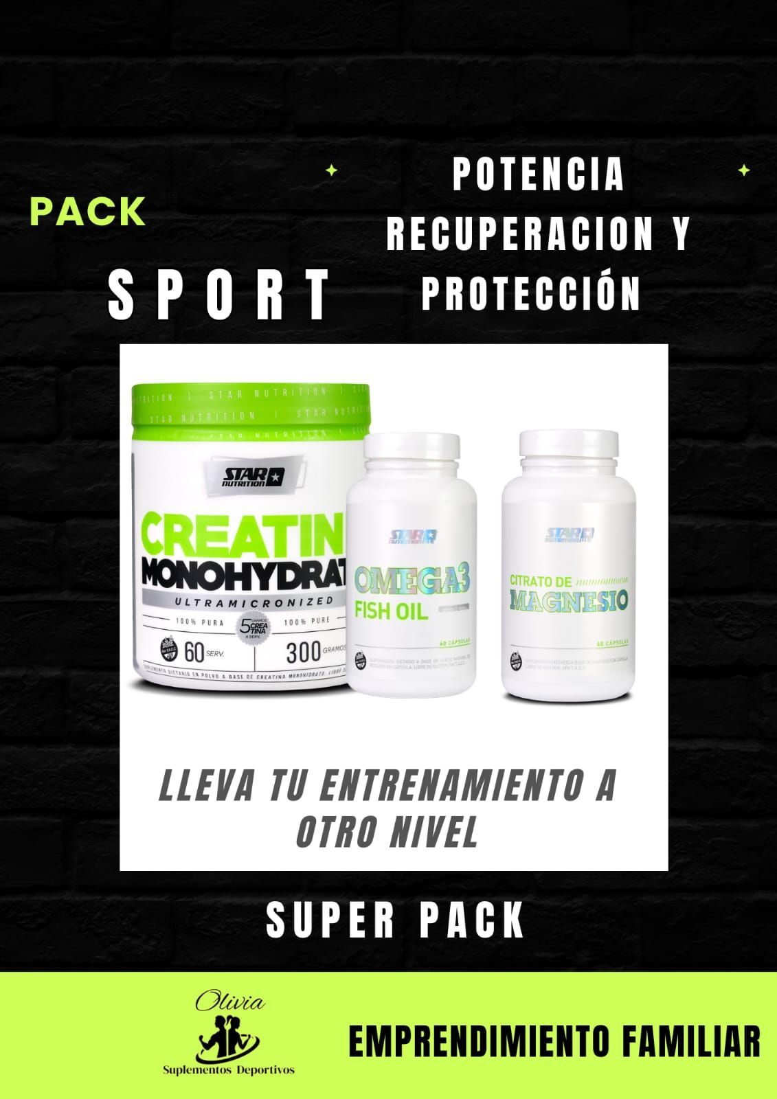 Paquete de suplementos deportivos: creatina, BCAA y vitaminas. Texto que promueve la potencia