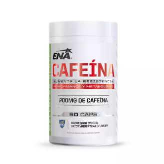 Envase blanco de suplemento de cafeína ENA. 200 mg de cafeína, 60 cápsulas. Texto rojo y verde en la etiqueta.