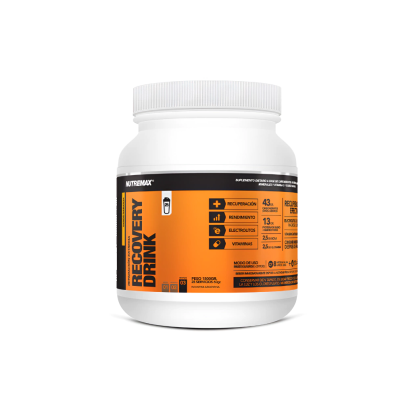 Envase de suplemento blanco con etiqueta negra y naranja, rotulado 