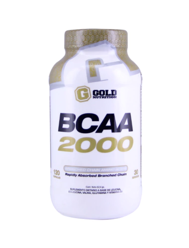 Botella blanca de cápsulas Gold Nutrition BCAA 2000, detalles de etiqueta dorada y negra.