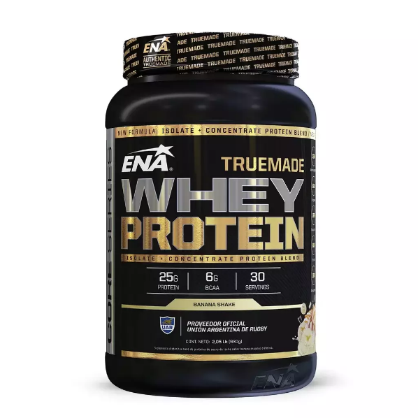 Tarrina negra de ENA Truemade Whey Protein con letras y detalles dorados.