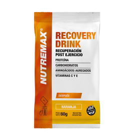 Sobre de bebida Nutremax Recovery Drink de color naranja y blanco.