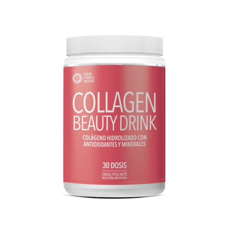 Envase blanco de Collagen Beauty Drink, etiqueta rosa con texto. 