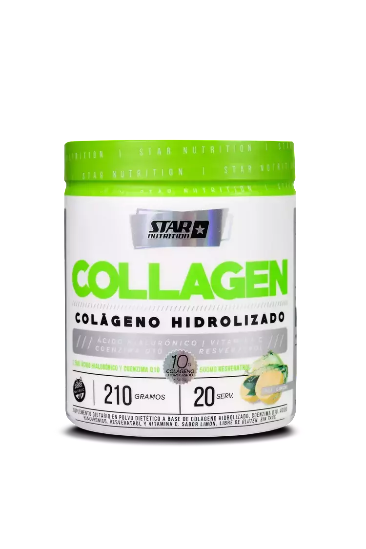 Envase de colágeno hidrolizado en polvo de Stark Nutrition, etiqueta blanca y verde, sabor limón.