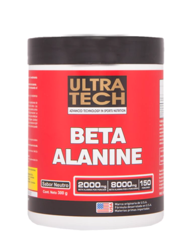 Envase rojo y blanco de suplemento Ultra Tech Beta Alanina.