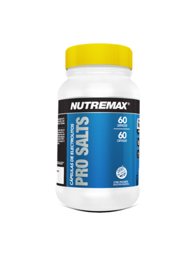 Botella blanca de cápsulas de electrolitos Nutremax Pro Salts con tapa amarilla y etiqueta azul.
